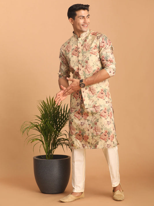 vastramay beige color printed nehru jacket and kurta with cream color solid viscose pant set