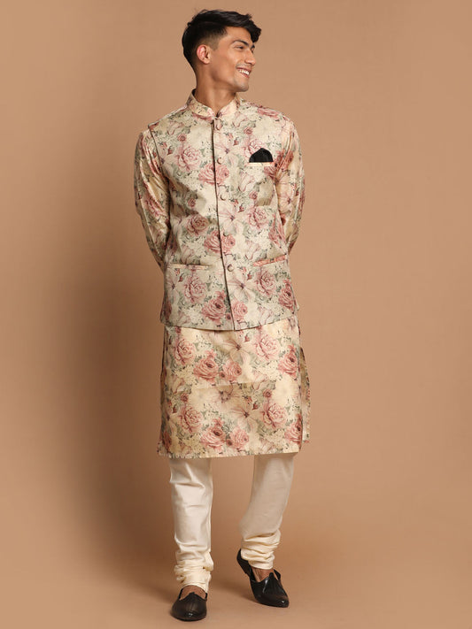 Vastramay Beige Printed Nehru Jacket And kurta With Cream Solid Pyjama Set