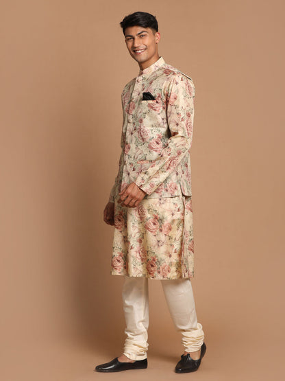 Vastramay Beige Printed Nehru Jacket And kurta With Cream Solid Pyjama Set