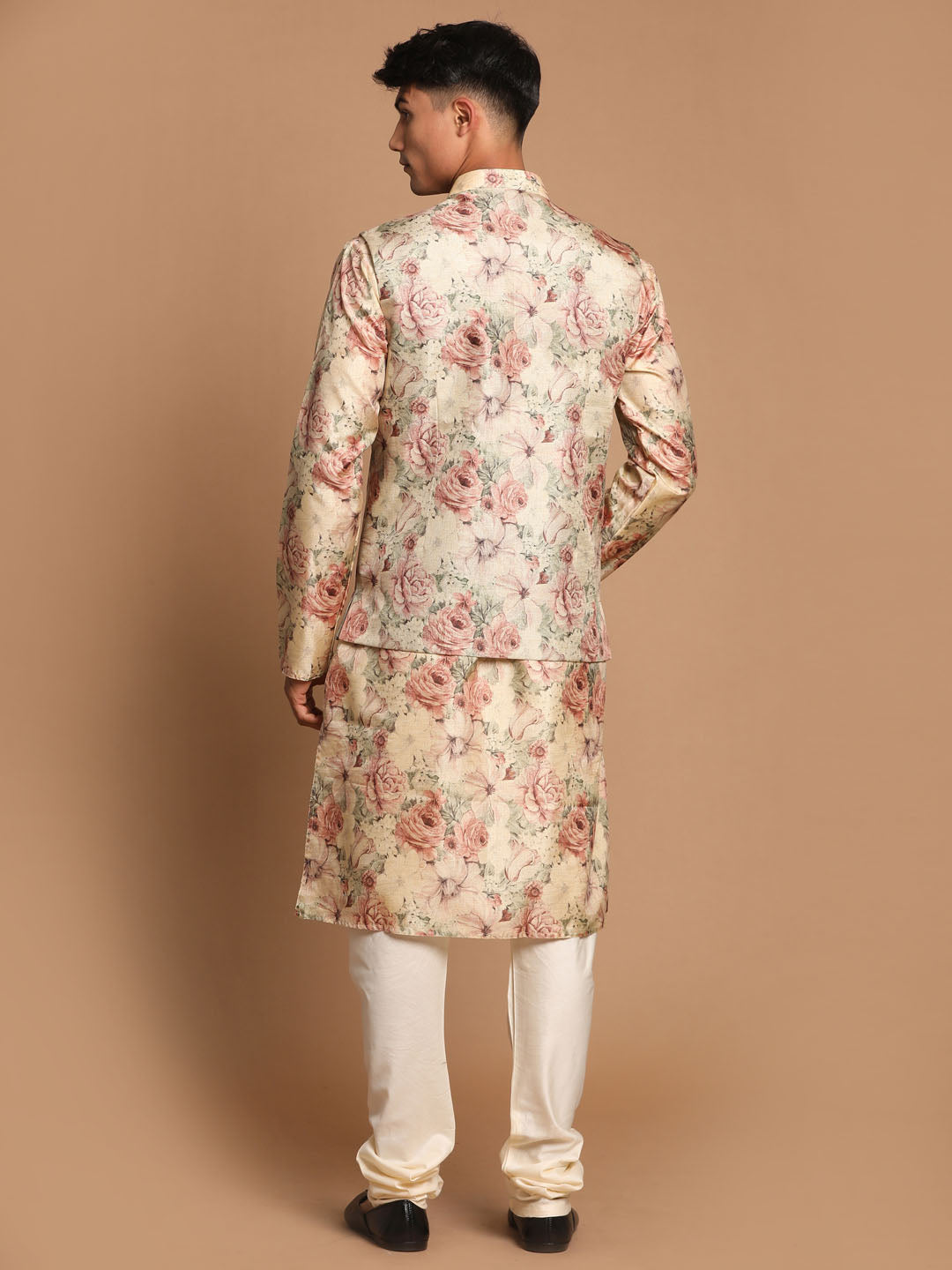 Vastramay Beige Printed Nehru Jacket And kurta With Cream Solid Pyjama Set