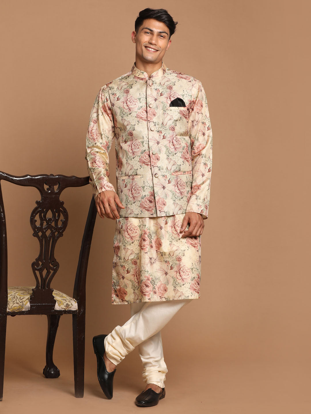 Vastramay Beige Printed Nehru Jacket And kurta With Cream Solid Pyjama Set