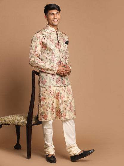 Vastramay Beige Printed Nehru Jacket And kurta With Cream Solid Pyjama Set