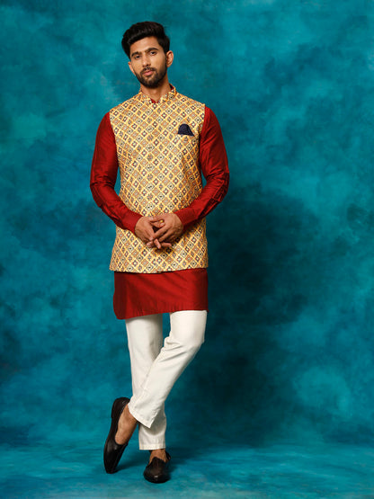 VASTRAMAY Men's Mustard Geometric Printed Nehru Jacket With Curved Kurta And Pant Set