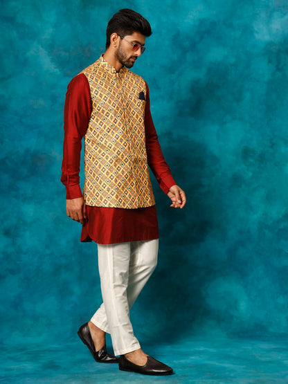 VASTRAMAY Men's Mustard Geometric Printed Nehru Jacket With Curved Kurta And Pant Set