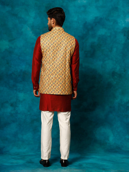 VASTRAMAY Men's Mustard Geometric Printed Nehru Jacket With Curved Kurta And Pant Set