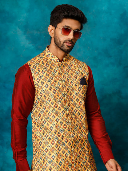 VASTRAMAY Men's Mustard Geometric Printed Nehru Jacket With Curved Kurta And Pant Set