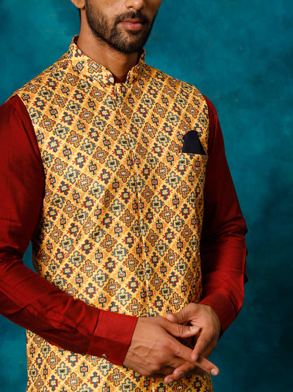 VASTRAMAY Men's Mustard Geometric Printed Nehru Jacket With Curved Kurta And Pant Set