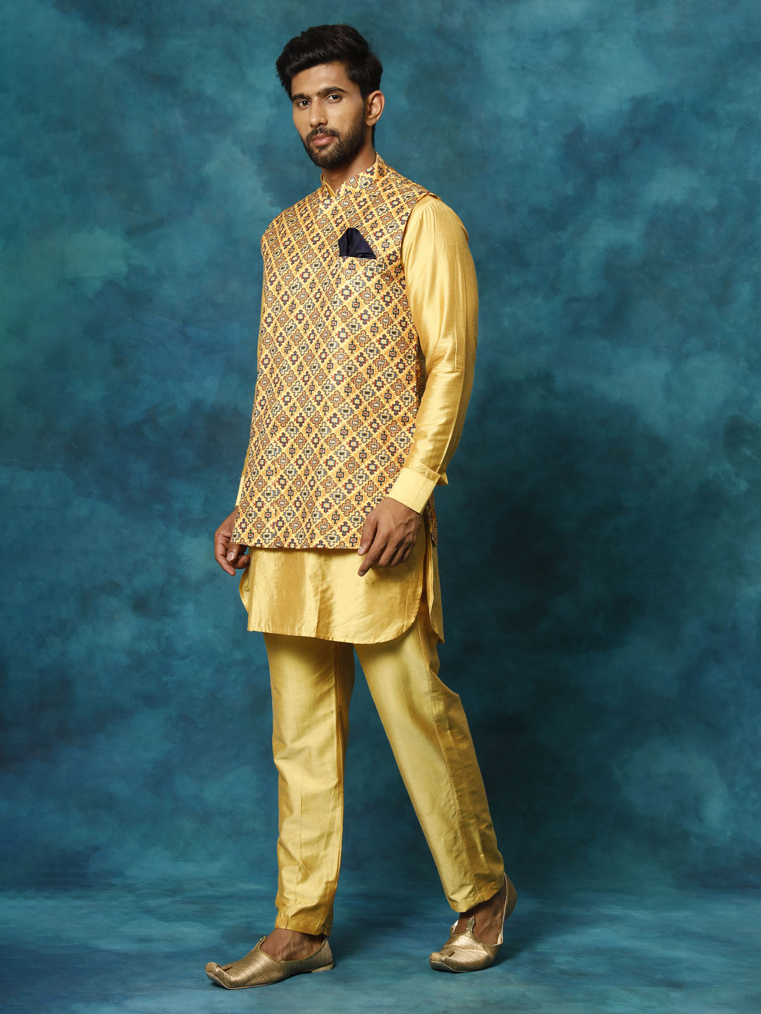 VASTRAMAY Men's Mustard Geometric Printed Nehru Jacket With Curved Kurta And Pant Set