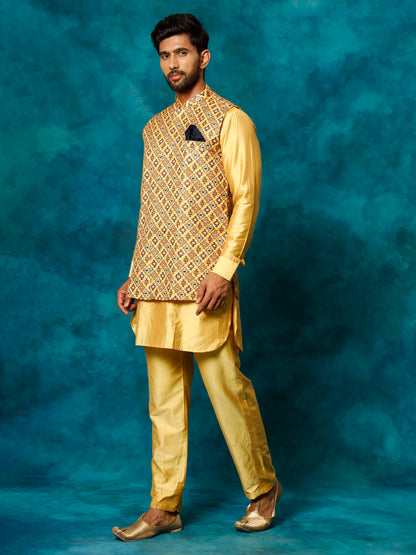 VASTRAMAY Men's Mustard Geometric Printed Nehru Jacket With Curved Kurta And Pant Set