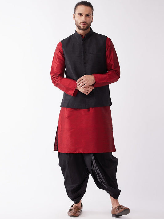 Vastramay Men's Black Jacket & Maroon Layered Kurta with Black Dhoti Pants