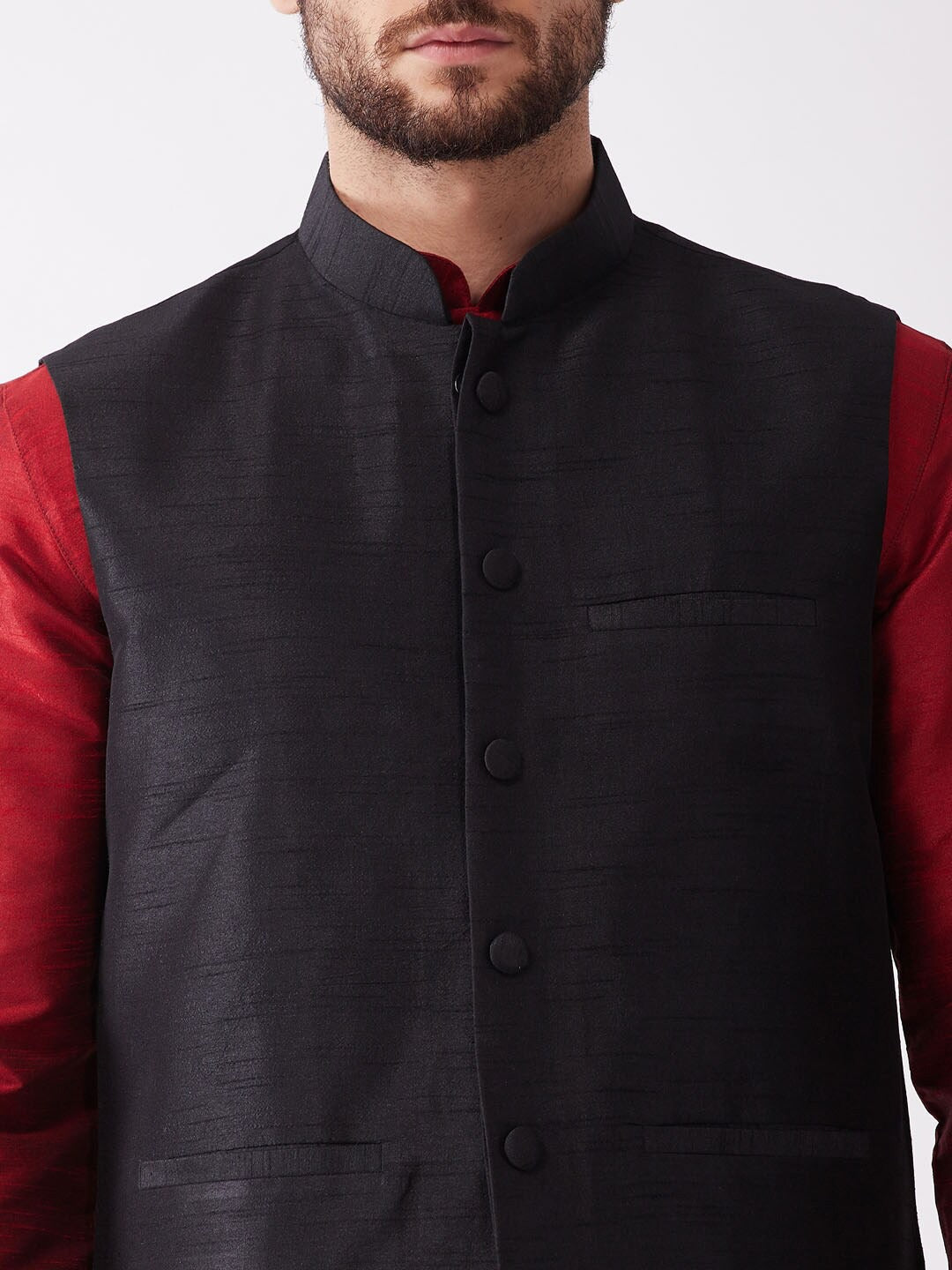 Vastramay Men's Black Jacket & Maroon Layered Kurta with Black Dhoti Pants