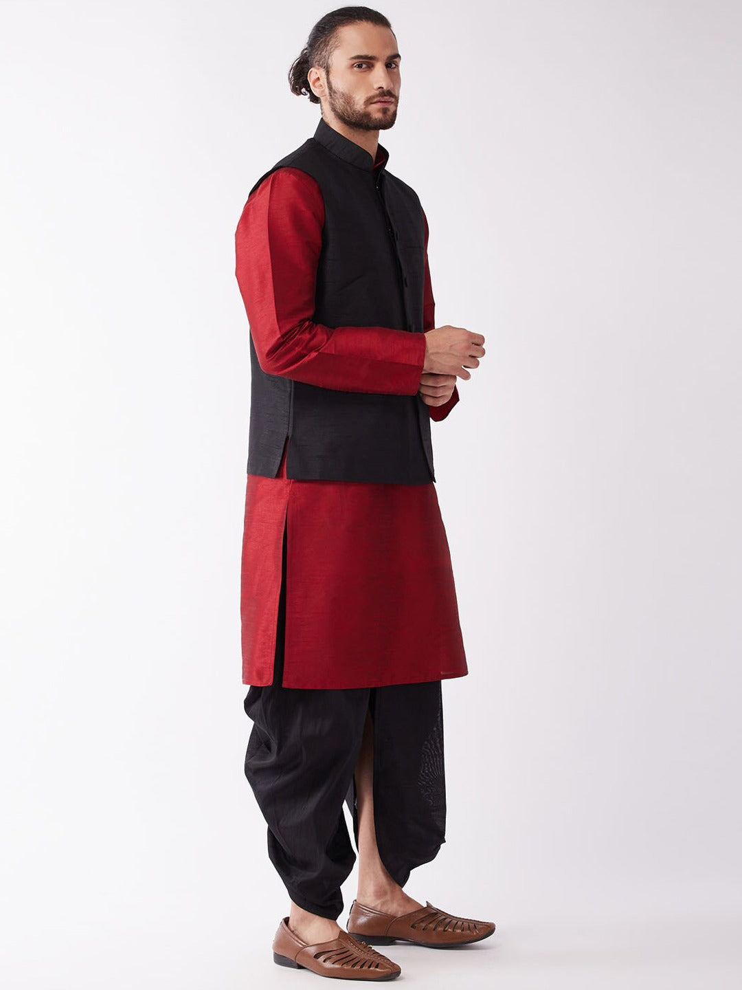 Vastramay Men's Black Jacket & Maroon Layered Kurta with Black Dhoti Pants