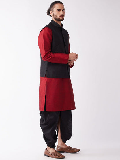 Vastramay Men's Black Jacket & Maroon Layered Kurta with Black Dhoti Pants