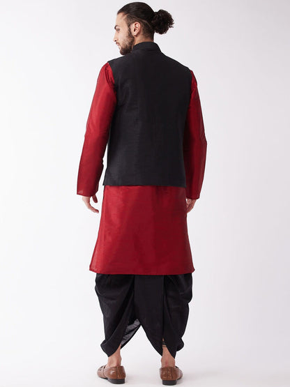 Vastramay Men's Black Jacket & Maroon Layered Kurta with Black Dhoti Pants