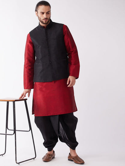 Vastramay Men's Black Jacket & Maroon Layered Kurta with Black Dhoti Pants