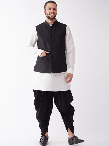 Vastramay Men Cream & Black Layered Kurta with Cowl Dhoti & Jacket