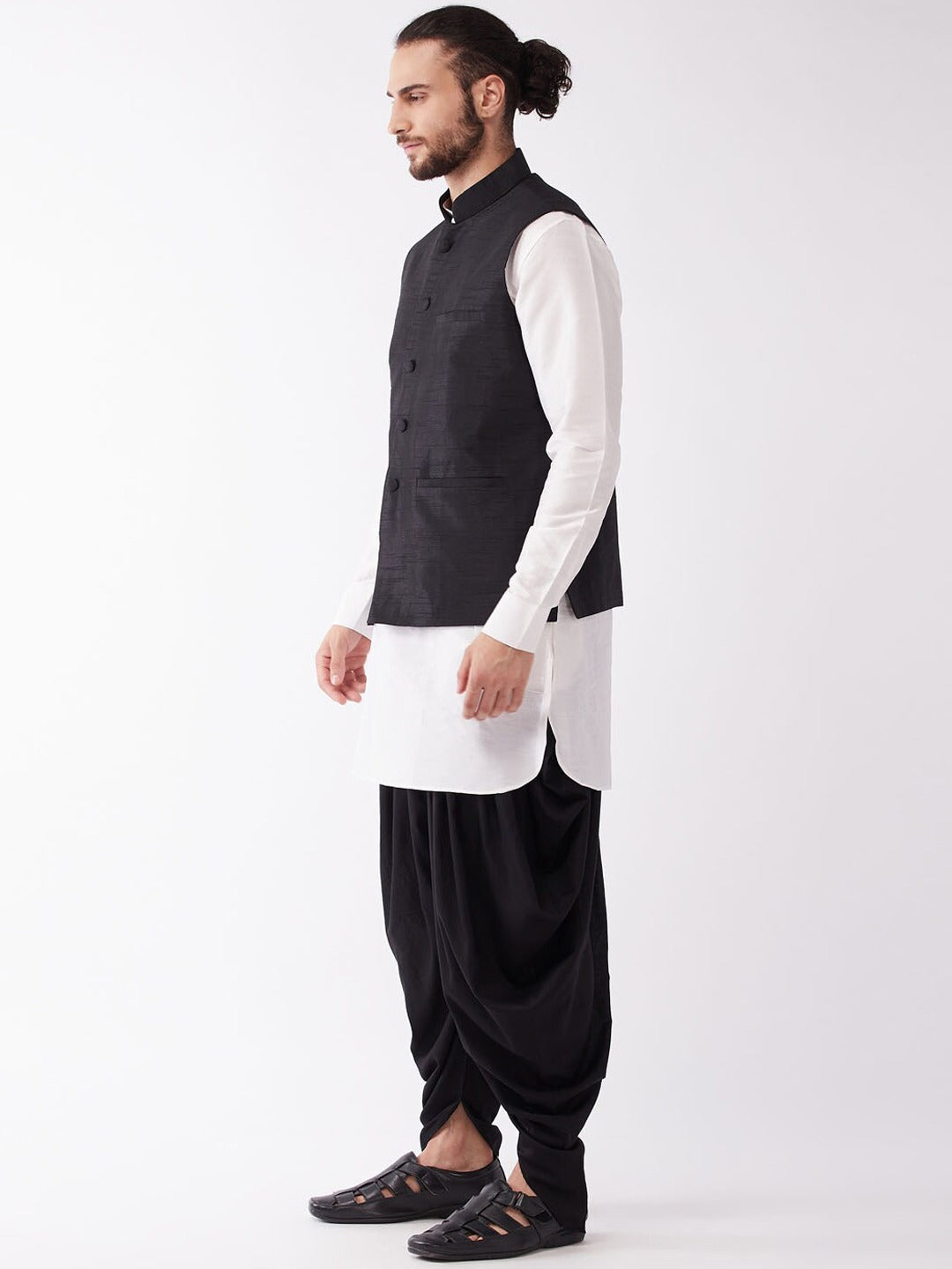 Vastramay Men Cream & Black Layered Kurta with Cowl Dhoti & Jacket