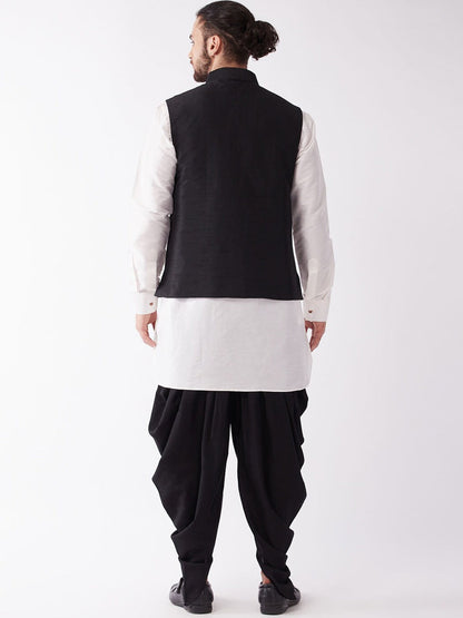 Vastramay Men Cream & Black Layered Kurta with Cowl Dhoti & Jacket