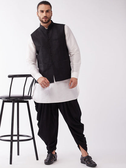 Vastramay Men Cream & Black Layered Kurta with Cowl Dhoti & Jacket