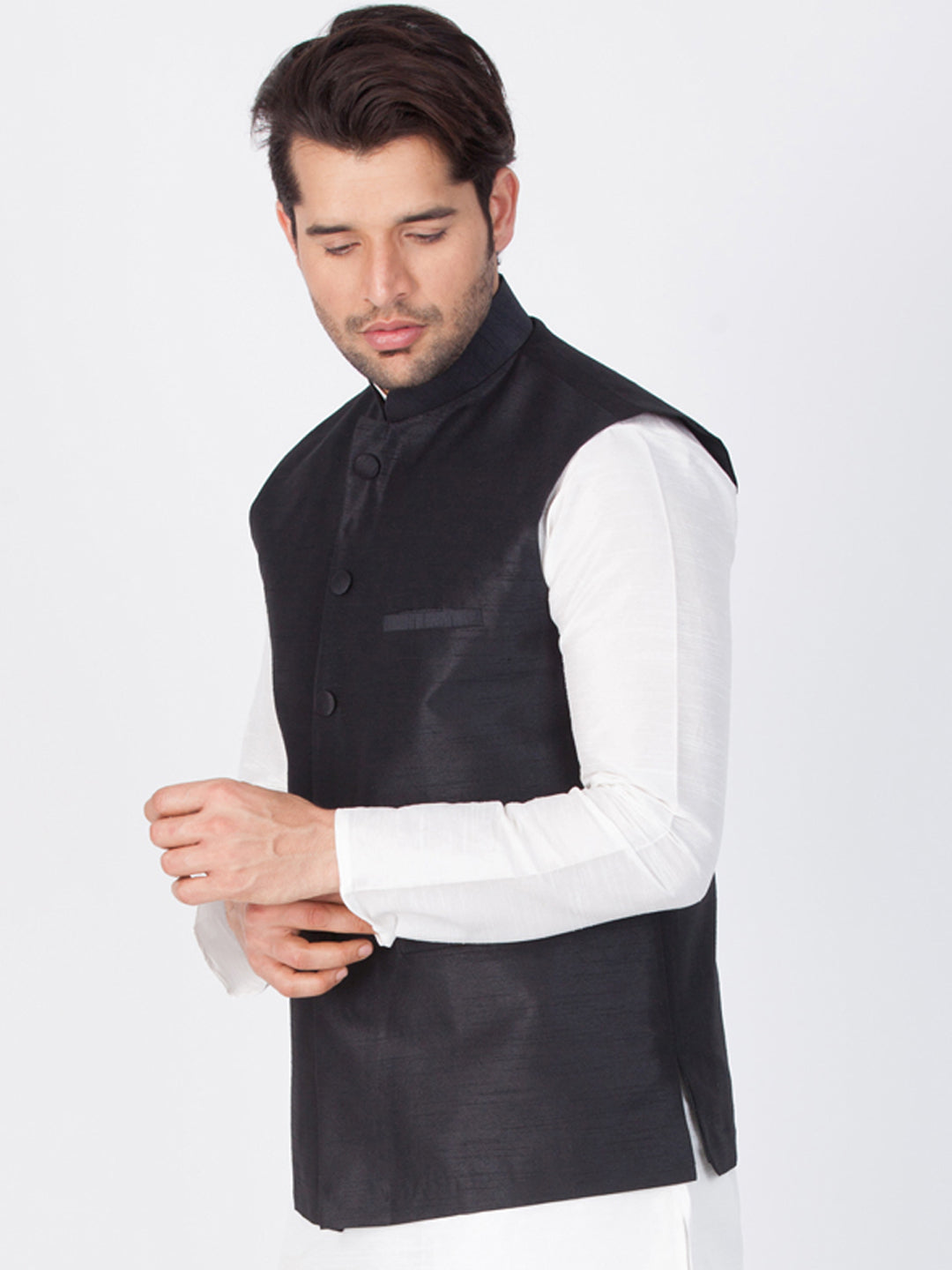 Vastramay Men's Black Cotton Silk Blend Ethnic Jacket