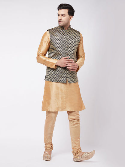 Vastramay Men's Rose Gold Silk Blend Kurta And Pyjama With Black Woven Nehru Jacket