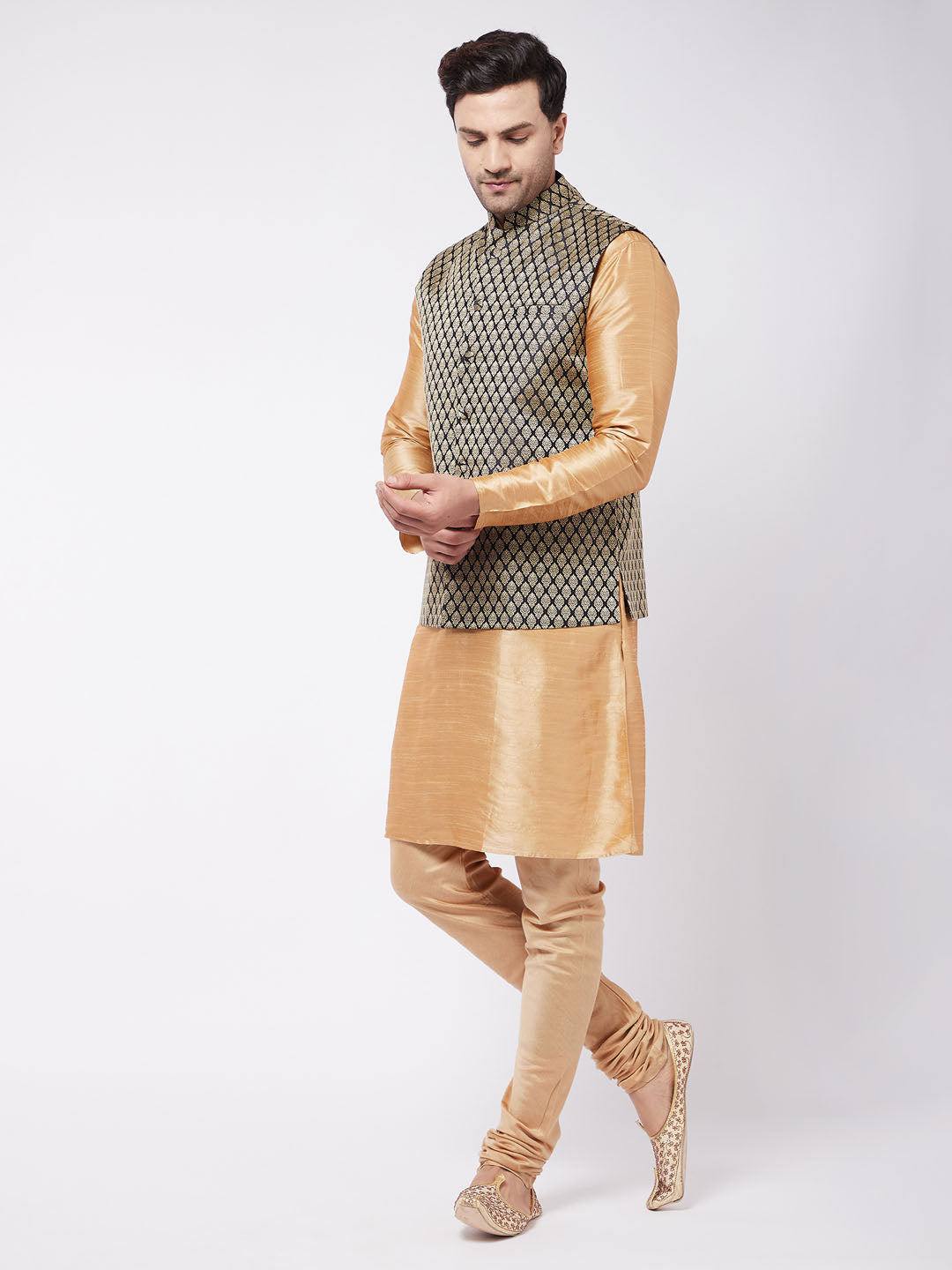 Vastramay Men's Rose Gold Silk Blend Kurta And Pyjama With Black Woven Nehru Jacket