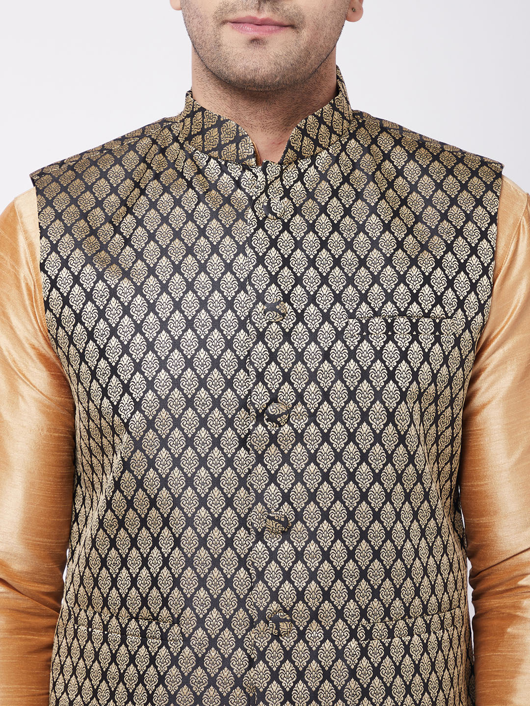 Vastramay Men's Rose Gold Silk Blend Kurta And Pyjama With Black Woven Nehru Jacket