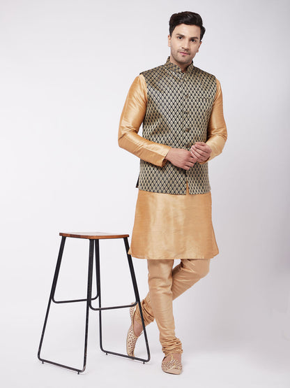 Vastramay Men's Rose Gold Silk Blend Kurta And Pyjama With Black Woven Nehru Jacket