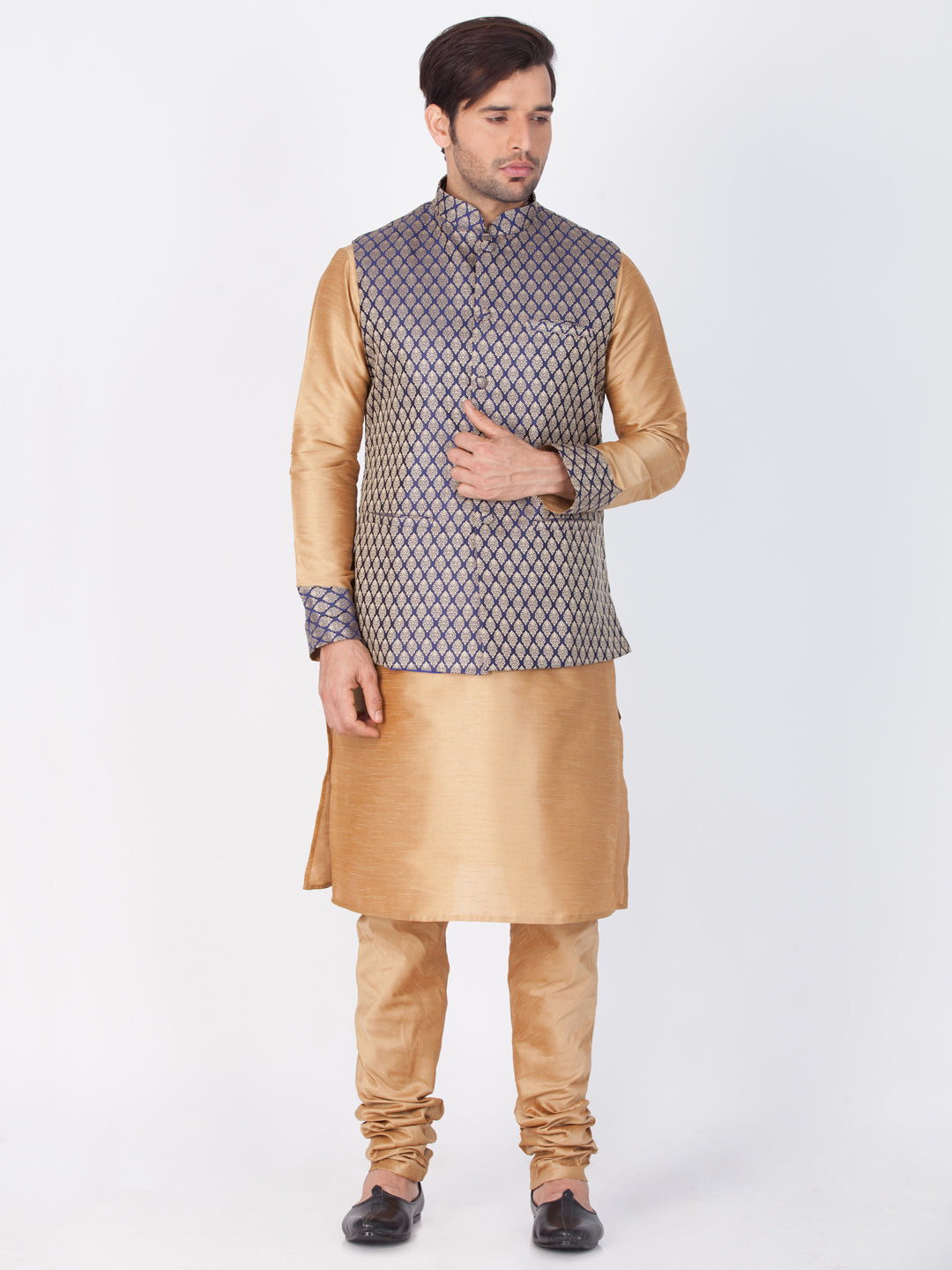 Vastramay Men's Gold Cotton Silk Blend Kurta, Ethnic Jacket and Pyjama Set