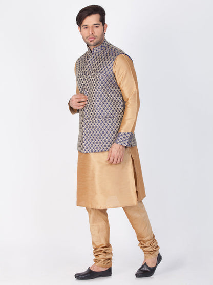 Vastramay Men's Gold Cotton Silk Blend Kurta, Ethnic Jacket and Pyjama Set