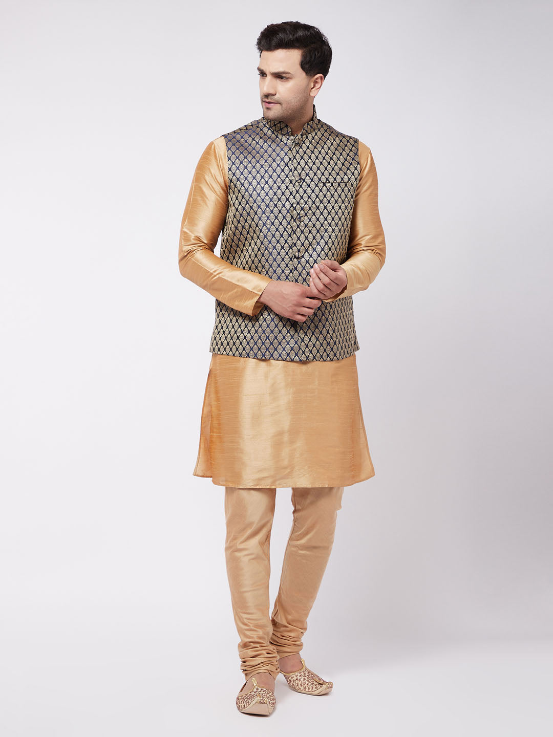 Vastramay Men's Rose Gold Silk Blend Kurta And Pyjama With Blue Woven Nehru Jacket