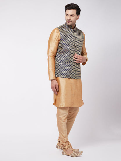 Vastramay Men's Rose Gold Silk Blend Kurta And Pyjama With Blue Woven Nehru Jacket