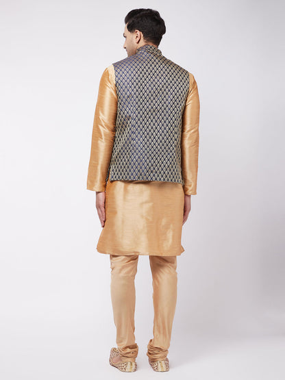 Vastramay Men's Rose Gold Silk Blend Kurta And Pyjama With Blue Woven Nehru Jacket