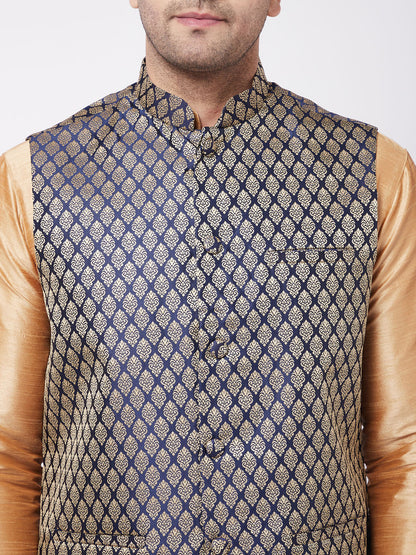 Vastramay Men's Rose Gold Silk Blend Kurta And Pyjama With Blue Woven Nehru Jacket