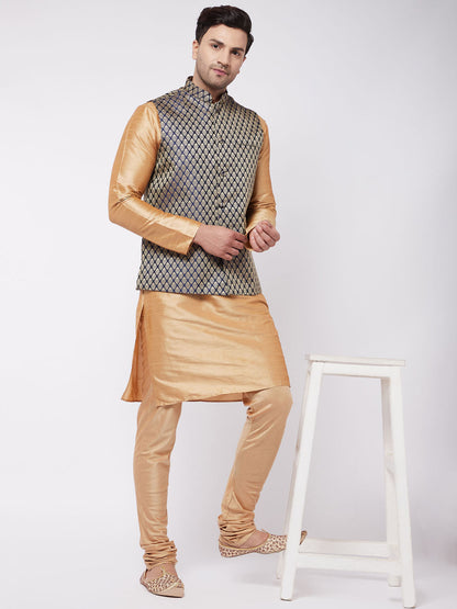 Vastramay Men's Rose Gold Silk Blend Kurta And Pyjama With Blue Woven Nehru Jacket