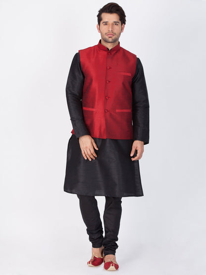 Vastramay Men's Black Cotton Silk Blend Kurta, Ethnic Jacket and Pyjama Set