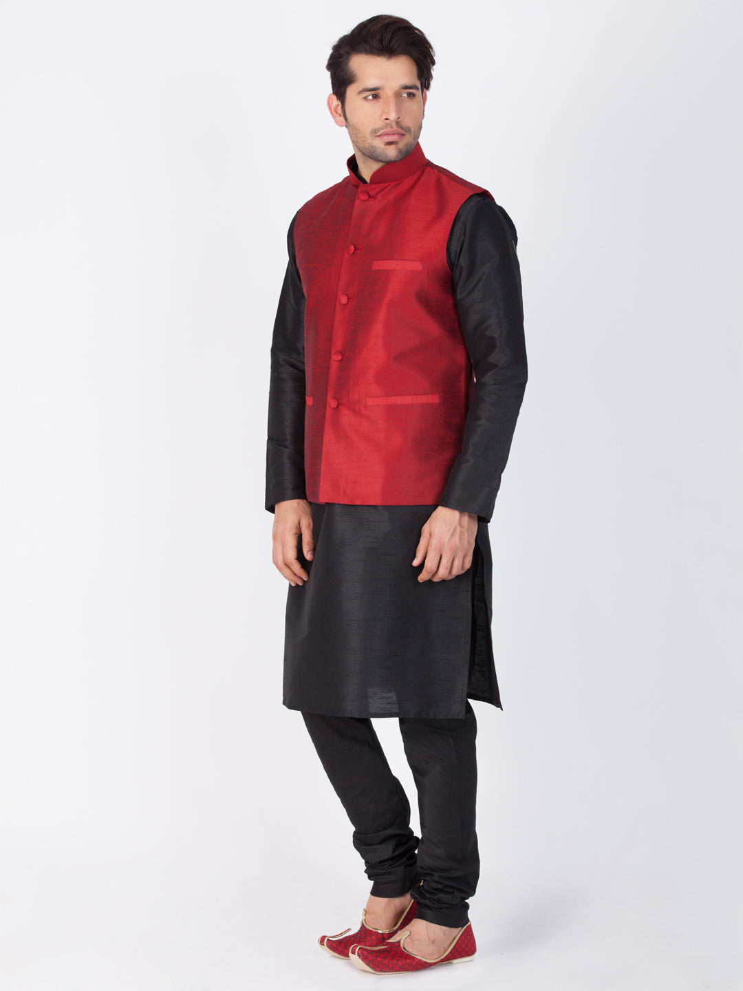 Vastramay Men's Black Cotton Silk Blend Kurta, Ethnic Jacket and Pyjama Set