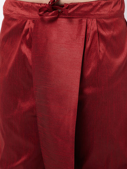 Vastramay Men's Gold Silk Blend Kurta And Dhoti With Maroon Woven Nehru Jacket