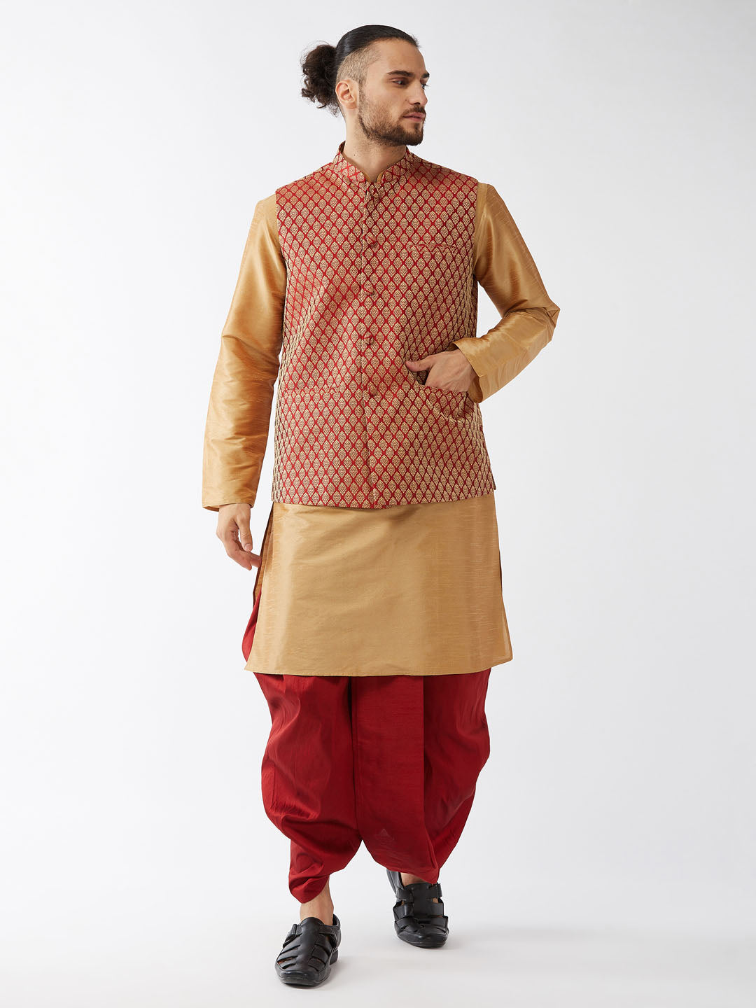 Vastramay Men's Rose Gold Silk Blend Kurta And Dhoti With Maroon Woven Nehru Jacket