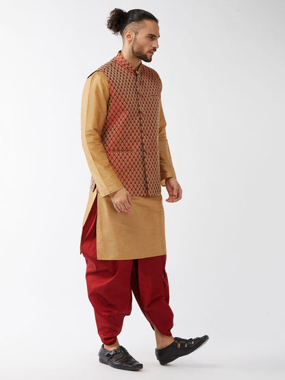 Vastramay Men's Rose Gold Silk Blend Kurta And Dhoti With Maroon Woven Nehru Jacket