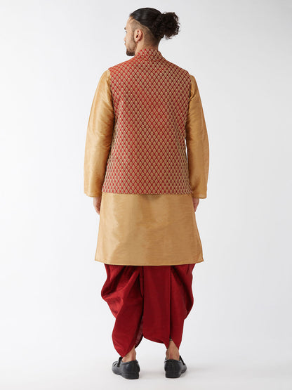 Vastramay Men's Rose Gold Silk Blend Kurta And Dhoti With Maroon Woven Nehru Jacket