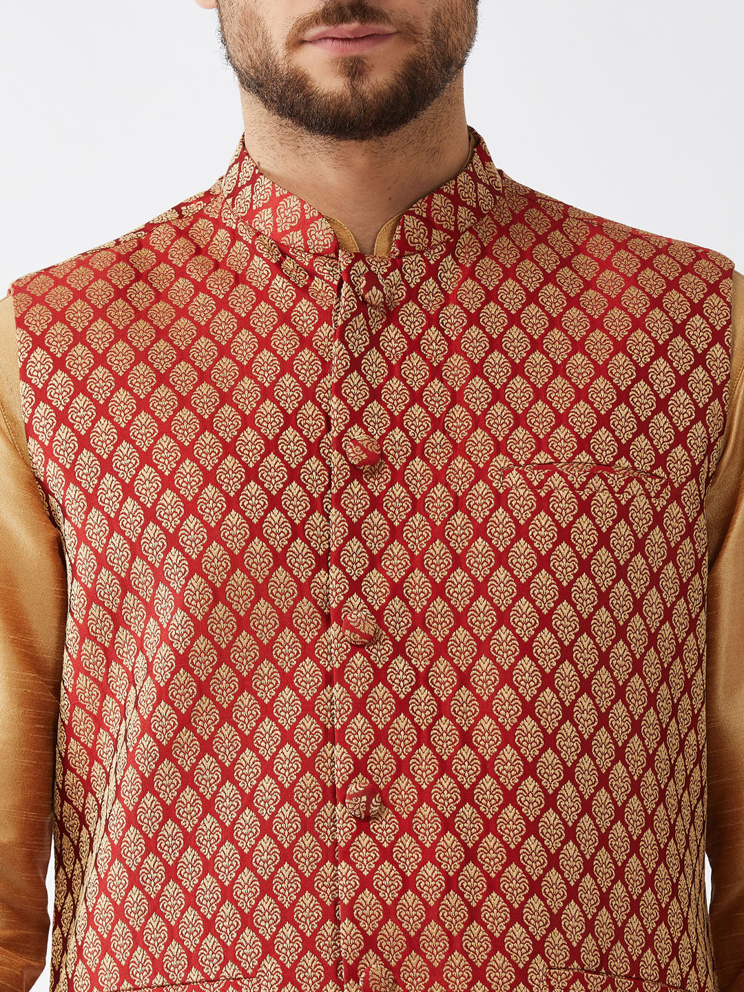 Vastramay Men's Rose Gold Silk Blend Kurta And Dhoti With Maroon Woven Nehru Jacket