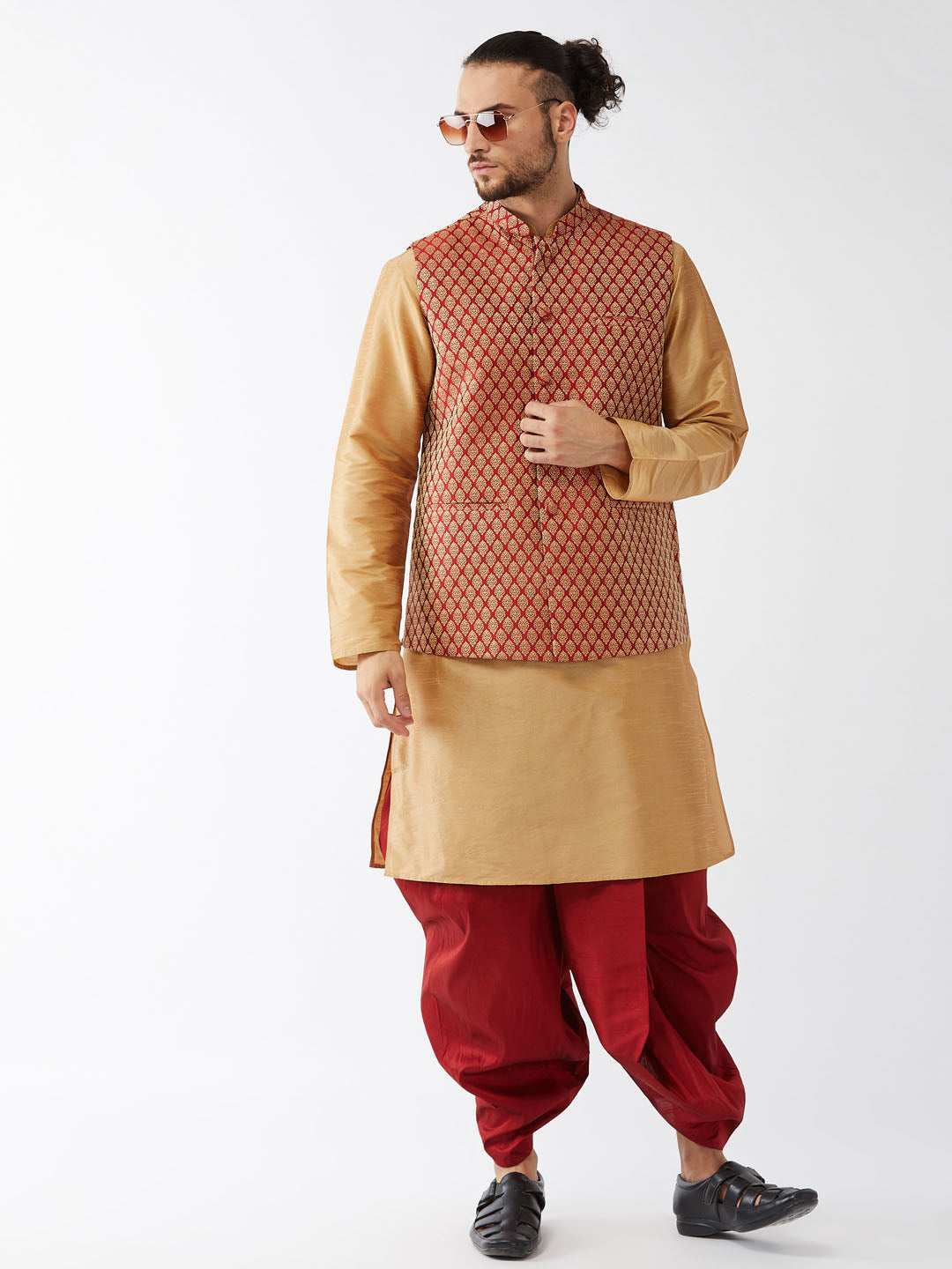 Vastramay Men's Rose Gold Silk Blend Kurta And Dhoti With Maroon Woven Nehru Jacket