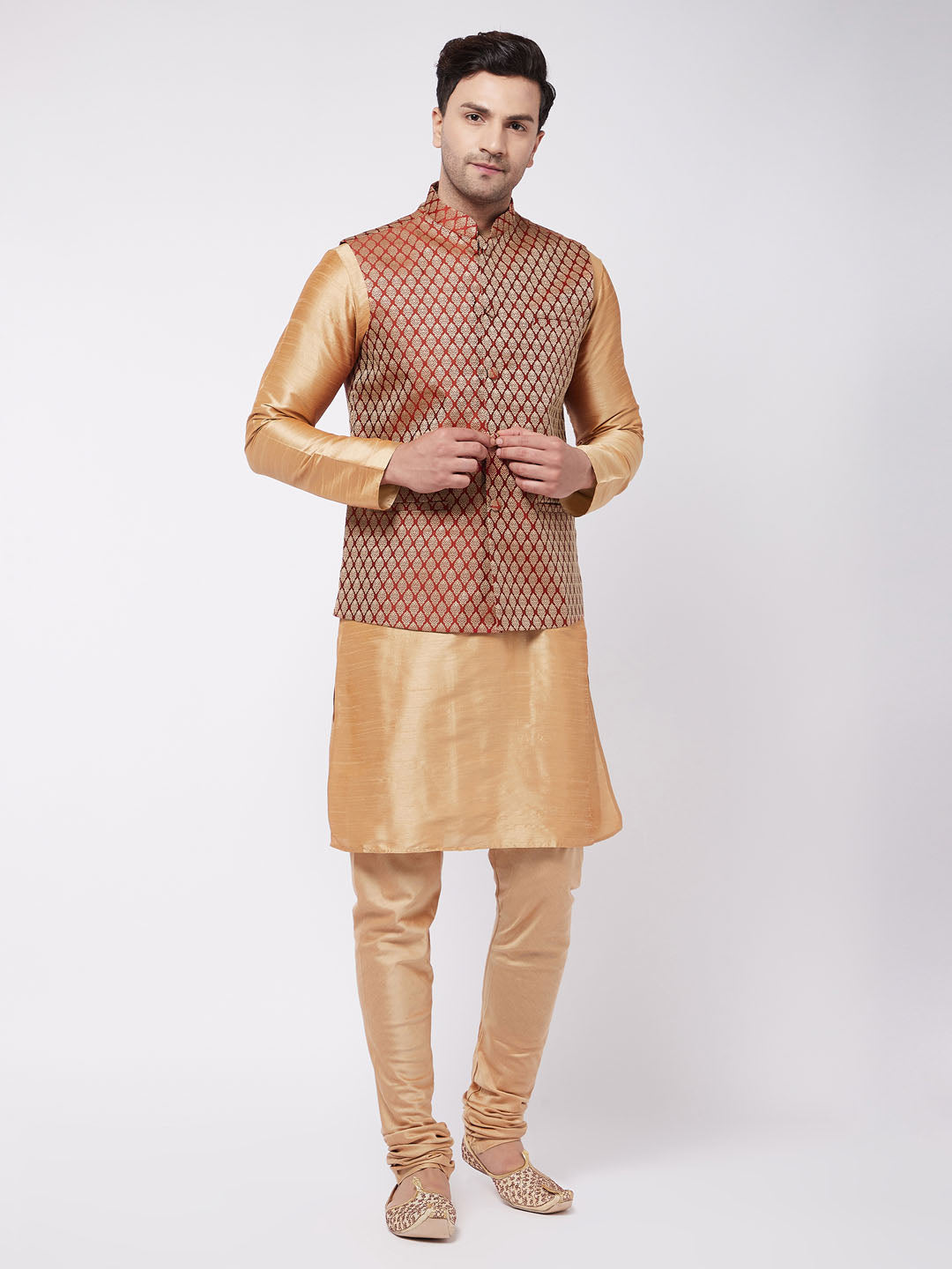 Vastramay Men's Rose Gold Silk Blend Kurta And Pyjama With Maroon Woven Nehru Jacket