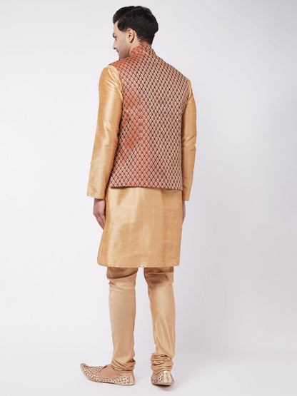 Vastramay Men's Rose Gold Silk Blend Kurta And Pyjama With Maroon Woven Nehru Jacket