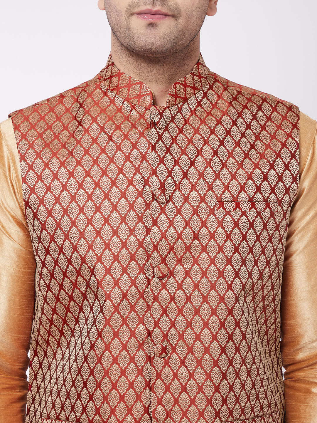 Vastramay Men's Rose Gold Silk Blend Kurta And Pyjama With Maroon Woven Nehru Jacket