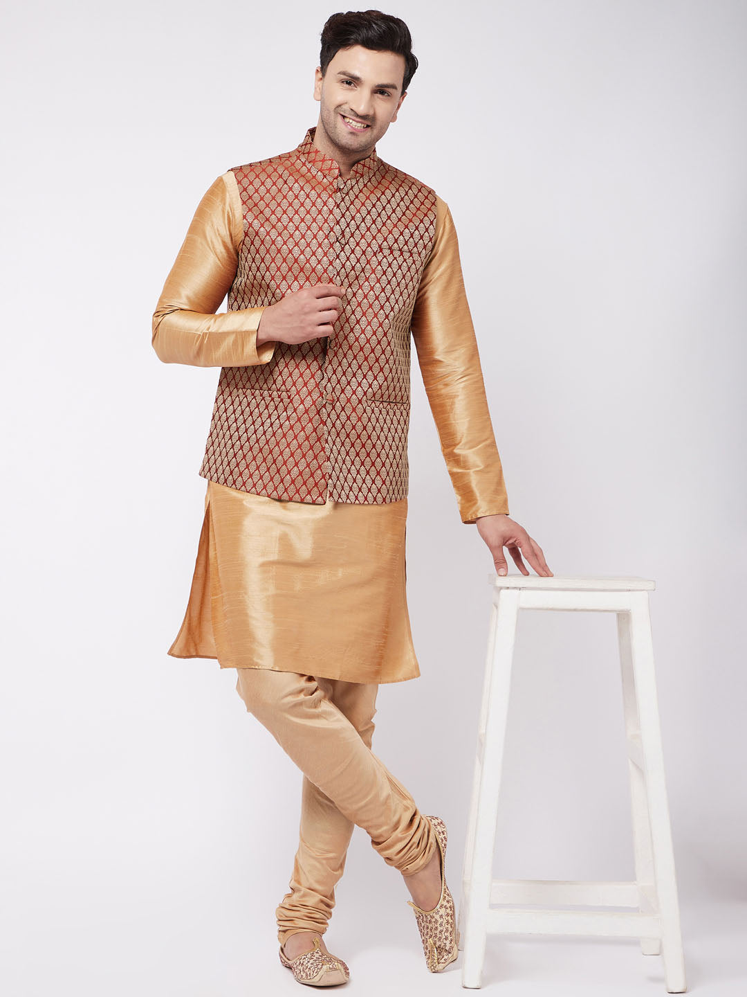 Vastramay Men's Rose Gold Silk Blend Kurta And Pyjama With Maroon Woven Nehru Jacket