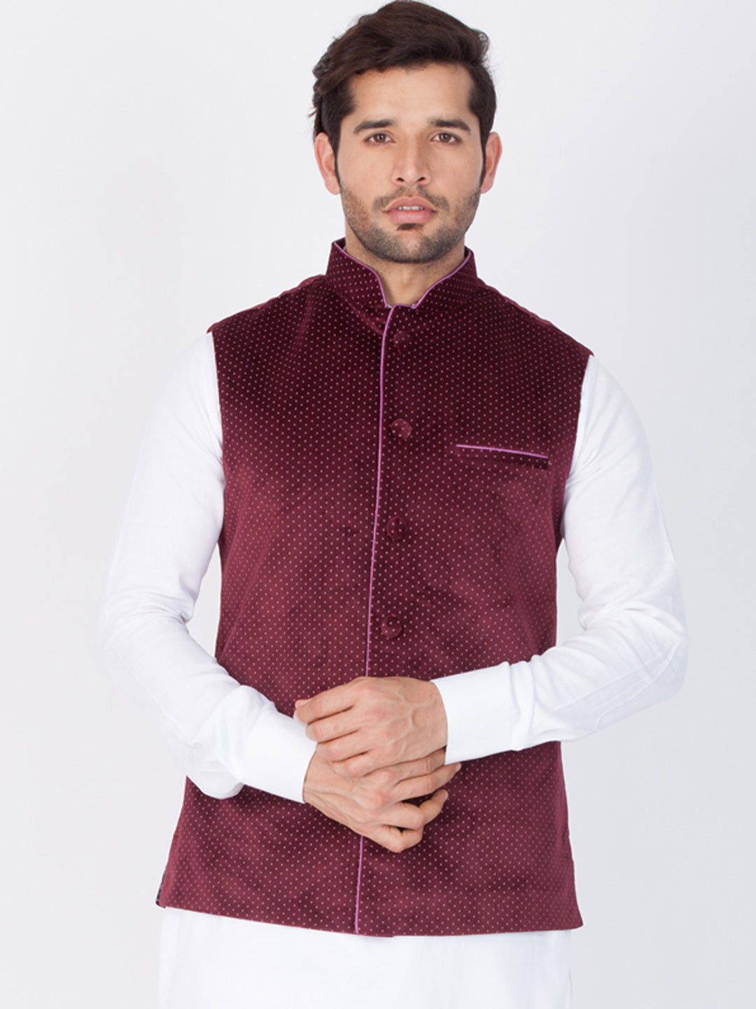 VASTRAMAY Men's Maroon Velvet Ethnic Jacket