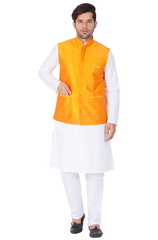 Vastramay Men's White Cotton Kurta, Ethnic Jacket and Pyjama Set