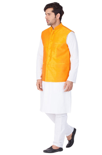 Vastramay Men's White Cotton Kurta, Ethnic Jacket and Pyjama Set